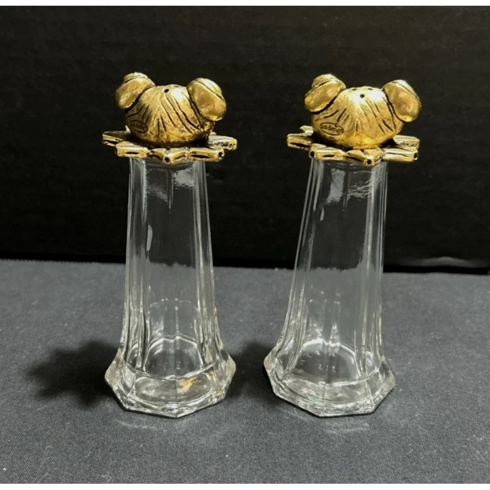 Frog Head Salt & Pepper Shakers Brass Toned Glass by AST Designs Figural Whimsy